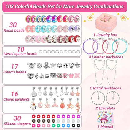 LifeisLuck Charm Bracelet Making Kit - 110 Pcs Girls Beads Jewelry Making Kit, Unicorn & Mermaid Crafts Toys Kids Birthday Gifts for Little Girls Ages 8-12, with H Initial Personalized Bracelet Case