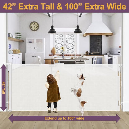 42" Tall X 100" Extra Wide Retractable Baby Gates for Large Openings Extra Tall Dog Gates for Doorway Tall Retractable Pet Gate Tall Mesh Gates for Kids Long Dog Gate for Indoor/Outdoor, White
