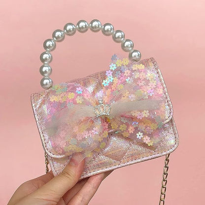 Girl Handbag Purse for Little Girls Kids Pretend Play Dress Up Necklace Hair Accessories Jewelry Set, Light Pink