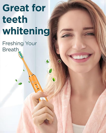 Rtauys M5 Sonic Electric Toothbrush for Adults and Kids - Rechargeable Electric Toothbrush Kids Ages 12+ and Adults with 8 Brush Heads & Travel Case, 120 Days Battery Life - Orange