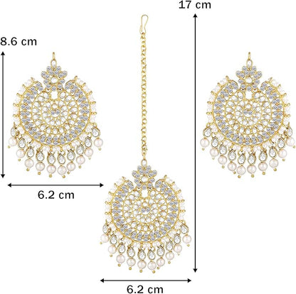 Aheli Ethnic Faux Kundan Drop Pearl Beads Dangle Earrings Maang Tikka Set Bollyood Fashion Jewelry for Women & Girls