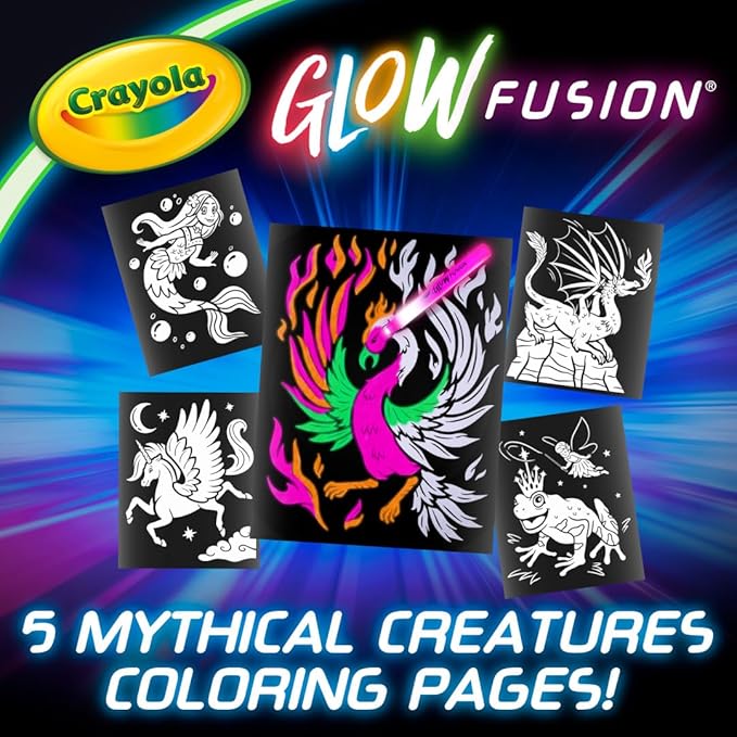 Crayola Glow Fusion, Glow in The Dark Coloring Set with Markers, Mythical Creature Coloring Pages, Gift for Kids