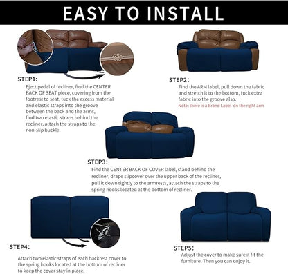 Easy-Going Oversized 6 Pieces Microfiber Stretch Sectional Recliner Loveseat Sofa Slipcover Soft Fitted Fleece 2 Seats Couch Cover Washable Furniture Protector with Elasticity for Kids Pet Navy