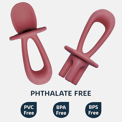 Tiny Twinkle Silicone Training Utensils, Baby Spoons and Baby Forks For Self-Feeding Training, Silicone Baby Led Weaning Utensils For Toddlers And Babies 6-24 Months, Baby Feeding Supplies (Burgundy)