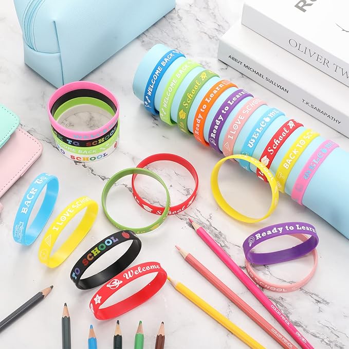 Libima 60 Pcs Welcome Back to School Bracelets Bulk Back to School Rubber Bracelets First Day of School Silicone Wristbands Back to School Gifts Goodie Bags Favors Class Rewards Party Supplies
