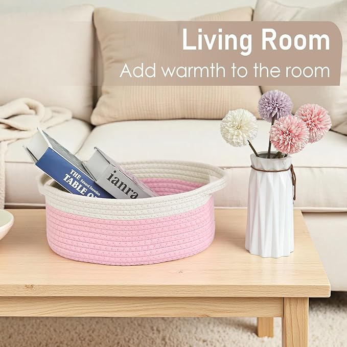 JMvicyroam Woven Basket,Small Rope Storage Bin with Handles & Ribbon Bag, Organizer for Shelves Closets,Gift Basket Empty for Birthday,Books,Dog Toys, White&Pink/2 Pack
