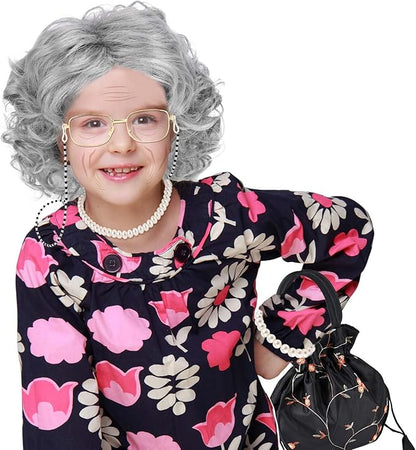 9 PCS 100 Days of School Old Lady Wig Set Include Wig Glasses Necklace Bracelet Glasses Chain Bag Cane and Stickers