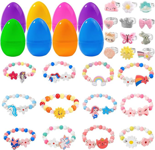 12 Pack Prefilled Easter Eggs with 24pcs Bracelets Rings Easter Basket Stuffers Easter Egg Fillers for Girls Party Favors Kids Toddler Easter Gifts