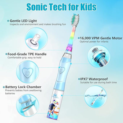 Kids Electric Toothbrush Toddler Toothbrush Age 2-4-8-12 Electric Toothbrush Kids with Timer Rainbow LED Light Up Vibrating Toothbrush Battery Operated Childrens Sonic Tooth Brush (Astronauts Blue)