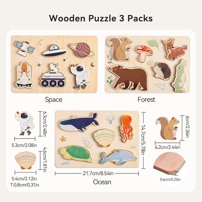 IEATFO 3 Packs Space Ocean Forest Wooden Chunky Puzzles for Toddlers, Wood Puzzles for Kids, Insert Puzzles Each Piece Fits Perfectly, Sturdy and Pegless, Educational Toys