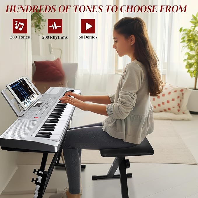 Ktaxon 61 Key Keyboard Piano Electric Keyboard w/Lighted Keys, Electric Piano Set with Headphones, Microphone, Music Rest, Power Adapter, Stand, Piano Bench and Manual (Full-Sliver)