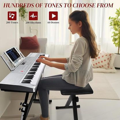 Ktaxon 61 Key Keyboard Piano Electric Keyboard w/Lighted Keys, Electric Piano Set with Headphones, Microphone, Music Rest, Power Adapter, Stand, Piano Bench and Manual (Full-Sliver)