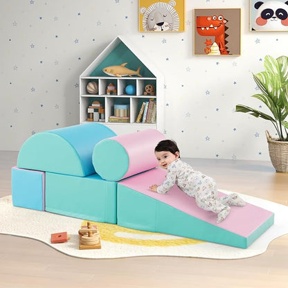 HONEY JOY 5-Piece Climb and Crawl Playset, Soft Climbing Foam Block Activity Play Structure Gym Equipment for Infant Baby, Color Coordination, Waterproof Indoor Climbing Toys for Toddlers (Green)