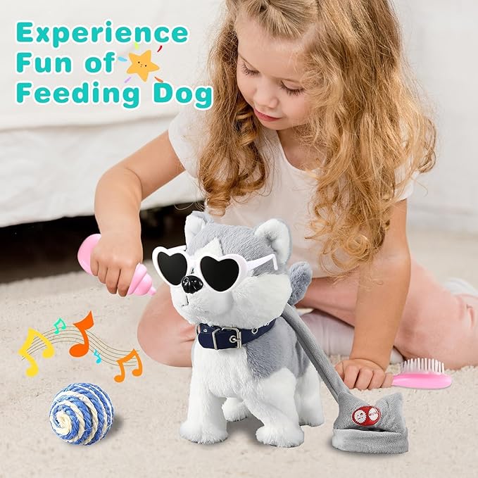 Marsjoy Husky Walking Dog Toy for Girls Barking Puppy with Control Leash, Realistic Wagging Tail Robot Interactive Musical Dancing Animated Plush Stuffed Animal Electronic Pet for Kids Toddlers