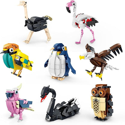 KAZI Birds Building Toy Set,Creative Building Toy Easter Basket Stuffers,Parrot,Owl,Penguin,Flamingo,Eagle,Bird Animal Toy Set,Party Favors,Prizes,Goodie Bags,Gift for Kids Ages 6 and up
