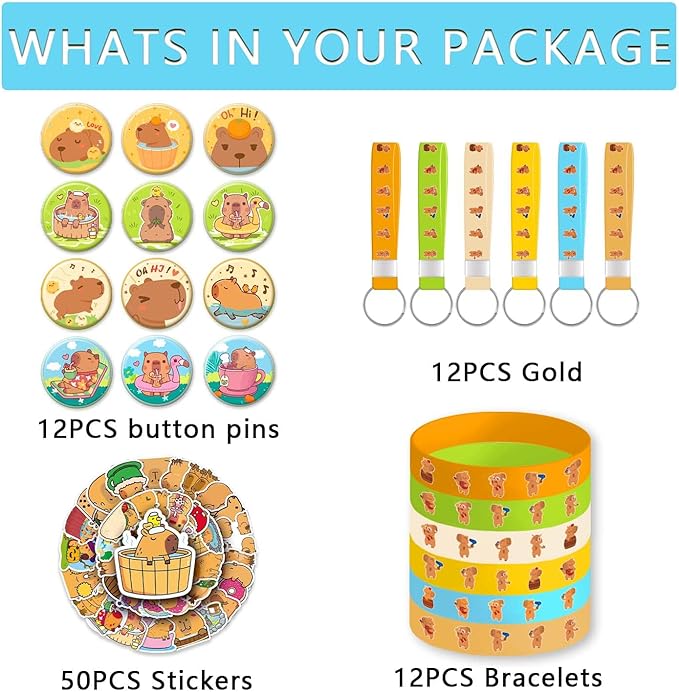 Capybara Party Favors ，Capybara Birthday Decorations For Kids Capybara Birthday Party Supplies For Girls Includes 12 Bracelets,12 Button Pins,12 Key Chain,50 Stickers