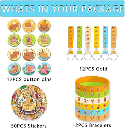 Capybara Party Favors ，Capybara Birthday Decorations For Kids Capybara Birthday Party Supplies For Girls Includes 12 Bracelets,12 Button Pins,12 Key Chain,50 Stickers