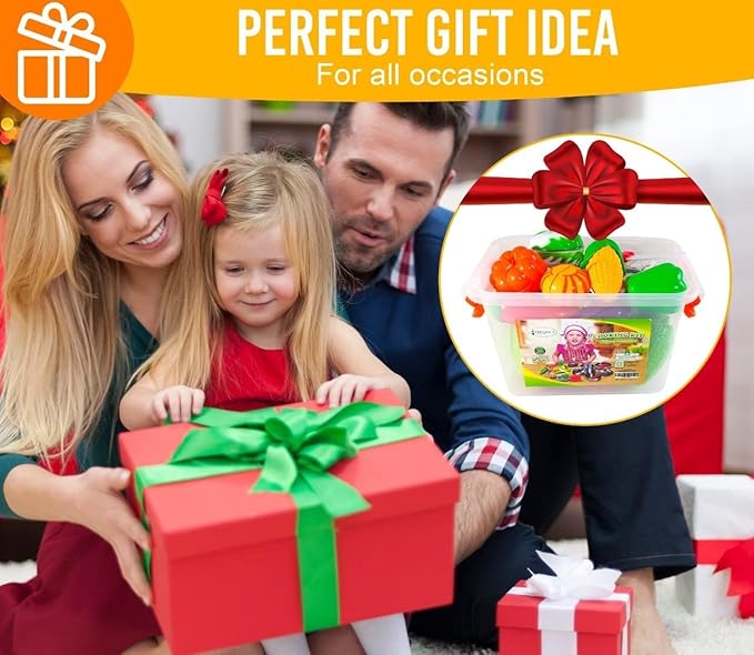 FUNERICA Toddler Kitchen Accessories Playset with Cutting Food Vegetables and Stainless-Steel Play Pots - Pretend Kids Cooking Utensils - Apron & Chef Hat - Toy Knife & Cutting Board for Girls & Boys