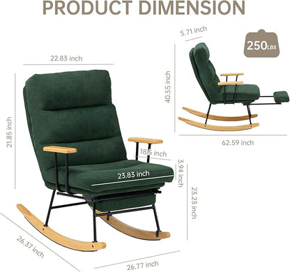Rocking Chair with Footrest-Glider Rocker Chair with Retractable Footrest and Adjustable Backrest, Teddy Upholstered Rocking Chair Set of 2, Accent Chair for Living Room/Nursery/Bedroom/Outdoor-Green