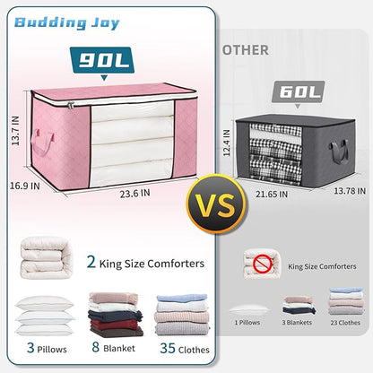 90 L Large Storage Bags, 8 Pack Clothes Storage Bins Foldable Closet Organizer Storage Containers with Durable Handle Storage and Organization, Blanket, Comforters, Bed Sheets, Pillows and Toys (Pink)