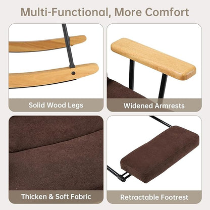 Rocking Chair with Footrest-Glider Rocker Chair with Retractable Footrest and Adjustable Backrest, Teddy Upholstered Rocking Chair Set of 2, Accent Chair for Living Room/Nursery/Bedroom/Outdoor-Brown