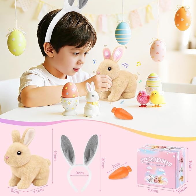 Realistic Bunny for Kids - Interactive Hopping Bunny Toy Set with Headband, Electric Lifelike Robot Rabbit that Move, Walking Barking and Wagging Tail Bunby Stuffed Animal with Sounds,Brown
