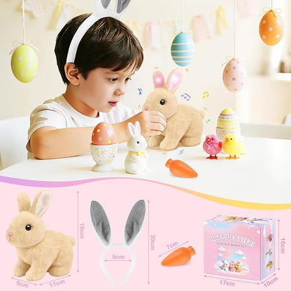 Realistic Bunny for Kids - Interactive Hopping Bunny Toy Set with Headband, Electric Lifelike Robot Rabbit that Move, Walking Barking and Wagging Tail Bunby Stuffed Animal with Sounds,Brown
