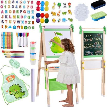 2-in-1 Double Sided Kid's Easel, Height-Adjustable Art Easel for Boys and Girls Ages 3-10, Including 100+ Accessories with Magnetic Chalkboard & Painting Board, Toddler Gifts (Light Green)