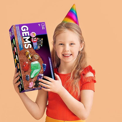 Byncceh Gemstones Dig Kit - Dig it up 12 Real Gemstone and Crystal for Kids Gems Digging Kit Mineral & Rock Collection for Kids Archaeology Geology Science Educational Gift STEM Toys for Boys & Girls