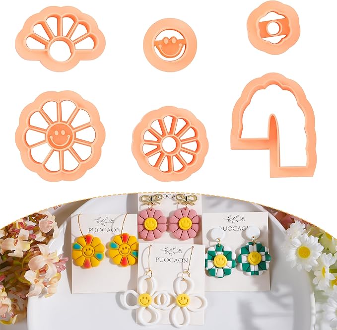 Puocaon Smiley Sunflower Clay Cutters - 6 Pcs Polymer Clay Cutters for Earrings Making, Smiley Face Flower Clay Cutters Set Polymer Clay Jewelry Making, Spring Daisy Earrings Clay Cutters Shape