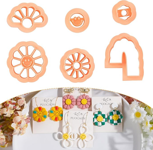 Puocaon Smiley Sunflower Clay Cutters - 6 Pcs Polymer Clay Cutters for Earrings Making, Smiley Face Flower Clay Cutters Set Polymer Clay Jewelry Making, Spring Daisy Earrings Clay Cutters Shape
