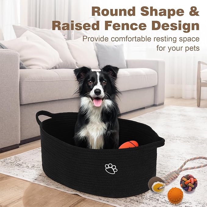 Optish Dog Toy Basket, Toy Box and Bin for Dog Cat Storage, 19.7" X 11" X 7.9" (30L) Large Woven Rope Basket for Blanket Storage, Living Room, Bedroom, Bedroom, Black
