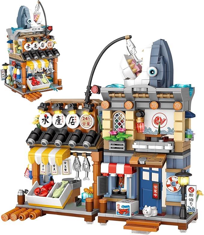 Japanese Street View Shop Building Blocks House Toy, New 4 Models Mini DIY Building Blocks Model MOC Construction Toy, Gift for 6-12 Years Old Kid Girls and Boys