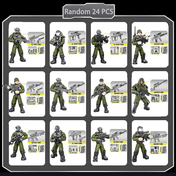 24 PCS Military Forces Building Block Action Mini-Figures Blind Bags with Multiple Military Weapons Accessories Equipment Assembly Building Toys Party Favors for Boys