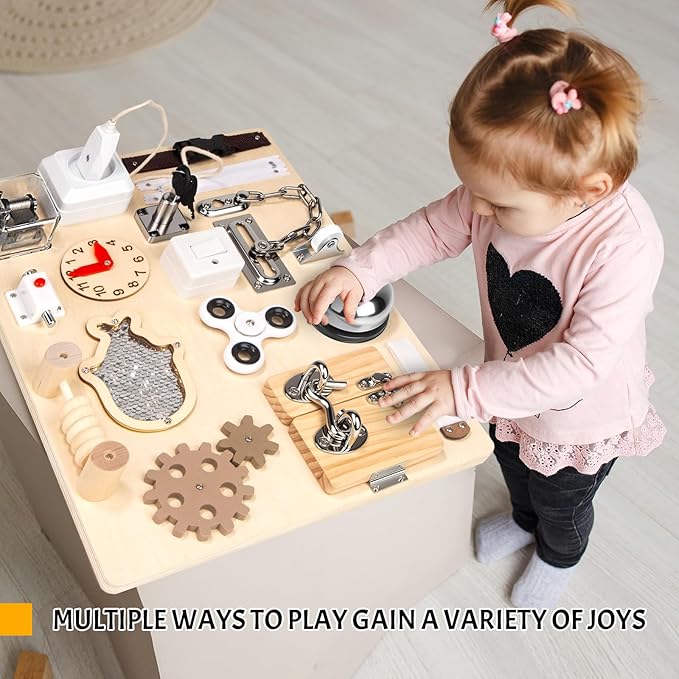 Montessori Busy Board for Toddlers 1 2 3 4 Year Old, Wooden Sensory Toys, Preschool Learning Activities for Fine Motor Skills Travel Toy, Basic Life Skills Educational Gifts for Age 1-3 Kids Boy Girl