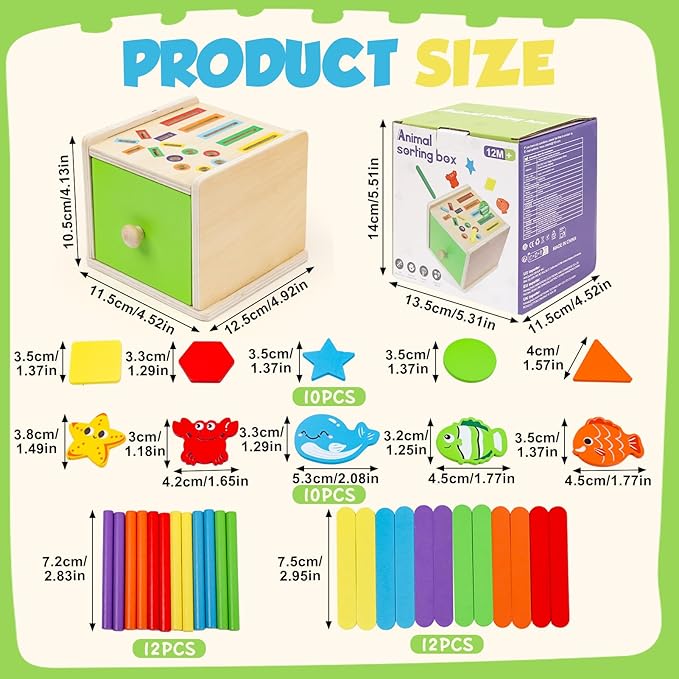 Montessori Wooden Toddler Toys for 1 Year Old, Fine Motor Skills Toys for 1-3 Year Old, 12-18 Month Baby Educational Color Shape Sorting & Animal Cognition Toy with Drawer, Birthday Gift for Girl Boy