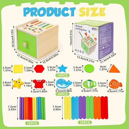 Montessori Wooden Toddler Toys for 1 Year Old, Fine Motor Skills Toys for 1-3 Year Old, 12-18 Month Baby Educational Color Shape Sorting & Animal Cognition Toy with Drawer, Birthday Gift for Girl Boy