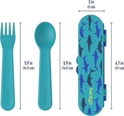 Bentgo Kids Utensil Set - Reusable Plastic Fork, Spoon & Storage Case - BPA-Free Materials, Easy-Grip Handles, Dishwasher Safe - Ideal for School Lunch, Travel, & Outdoors (Shark)