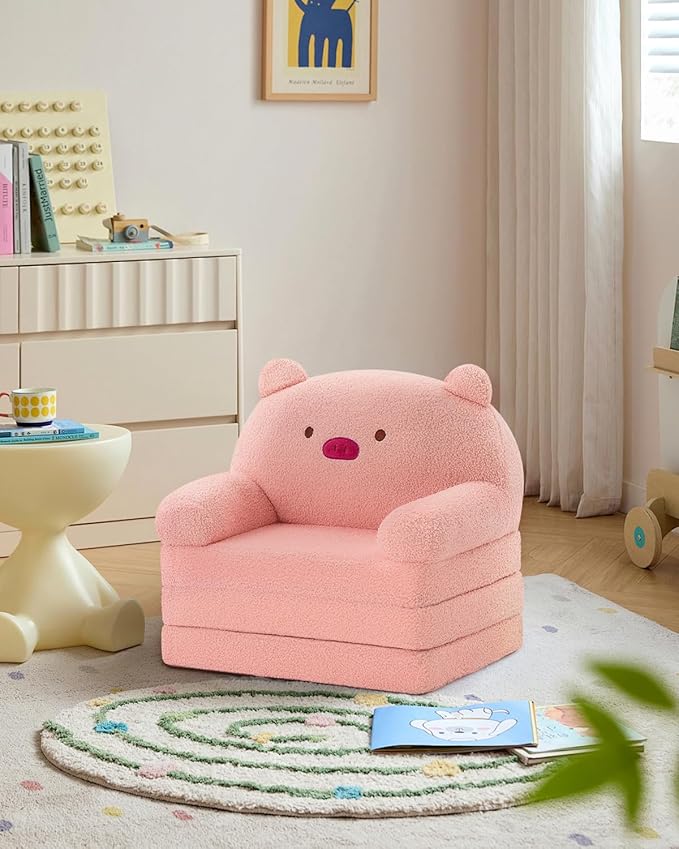 MOONBEEKI Comfy Toddler Chair, Kids Couch Fold Out to Lounger, Foldable Baby Sofa Plush for Girl and Boy Age 18 Months and Up （Pig）