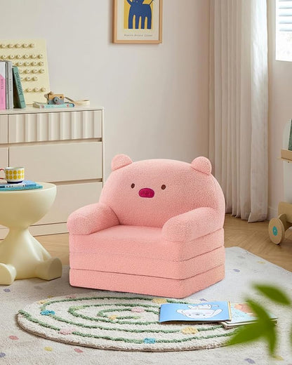 MOONBEEKI Comfy Toddler Chair, Kids Couch Fold Out to Lounger, Foldable Baby Sofa Plush for Girl and Boy Age 18 Months and Up （Pig）