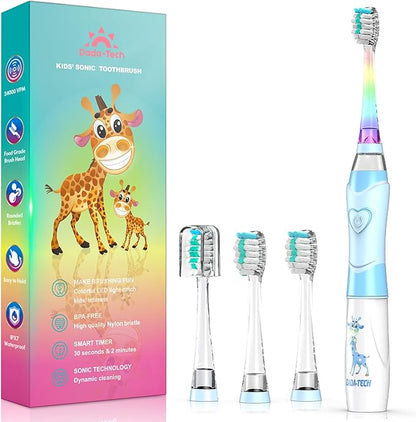 Kids Electric Toothbrush Toddler Toothbrush Age 2-4-8-12 Electric Toothbrush Kids with Timer Rainbow LED Light Up Vibrating Toothbrush Battery Operated Childrens Sonic Tooth Brush (Blue Giraffe)