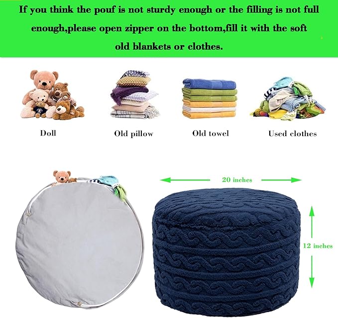 Pouf Ottoman Stuffed 20x20x12 Inches Floor Pouf Plush Fiber Ottoman Foot Rest Under Desk Foot Stool for Living Room Bedroom (Navy Blue)