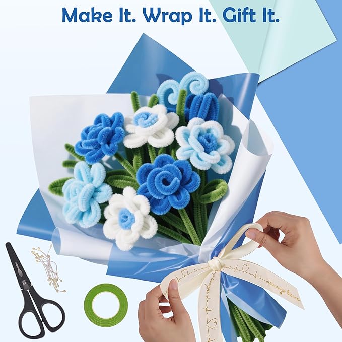 500 Pcs Pipe Cleaners Craft Kit for Flower Making, Complete DIY Bouquet Set with Chenille Stems, Craft Wire, Stamen, Tape, Ribbon & More, Perfect for Arts, Handmade Gifts & Decorations