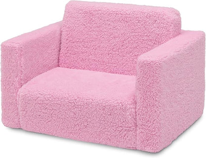 Delta Children Cozee Flip-Out Sherpa 2-in-1 Convertible Chair to Lounger for Kids, Pink