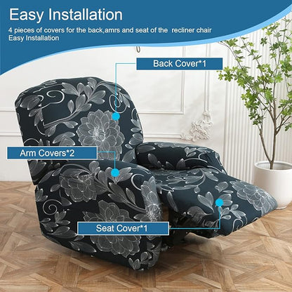 NILUOH Recliner Chair Covers 4-Pieces Stretch Lazy Boy Recliner Covers with Pocket Floral Pattern Reclining Slipcovers Soft Sofa Slipcover Furniture Protector for Pets Kids (Recliner, Pattern 02)