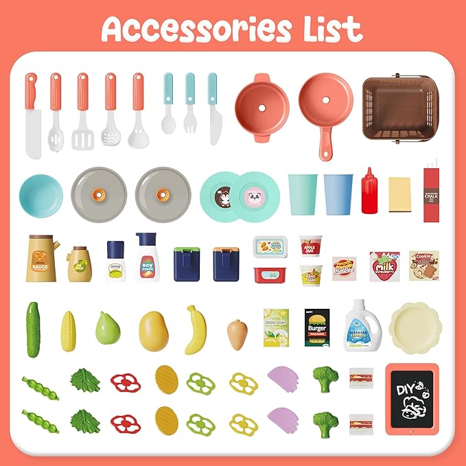 HOLYFUN Kids Kitchen Playset, Kitchen Set for Toddler with Sound and Light, Cooking Stove with Steam, Play Sink and Toy Kitchen Accessories, Pretend Kitchen Toys for Kids Girls Boys, Pink