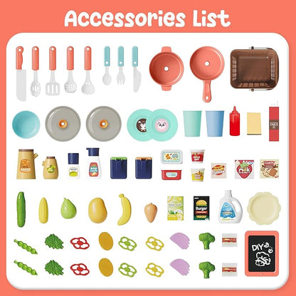 HOLYFUN Kids Kitchen Playset, Kitchen Set for Toddler with Sound and Light, Cooking Stove with Steam, Play Sink and Toy Kitchen Accessories, Pretend Kitchen Toys for Kids Girls Boys, Pink