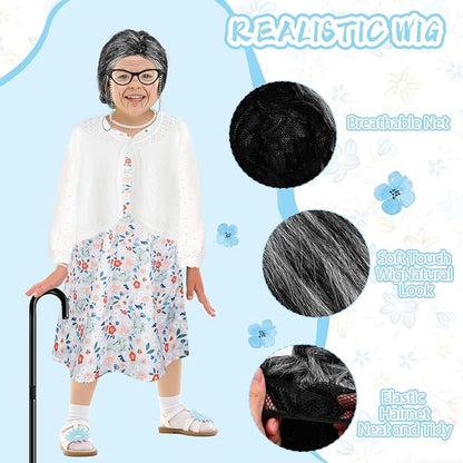 Kids 100 Days of School Costume for Girls Cosplay Outfit Including Grey Wig Cardigan Sweater Floral Dress Cat Eye Glasses