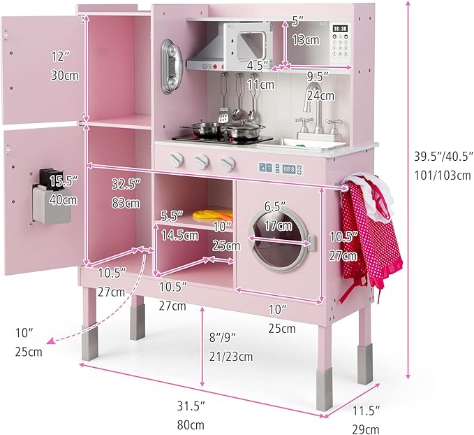 KOTEK Play Kitchen with Lights and Sounds, Wooden Toddler Kitchen Playset with Ice Maker, Washing Machine, Range Hood, 16 Pcs Toy Food & Cookware, Gift Chef Pretend Kitchen Set for Kids (Pink)