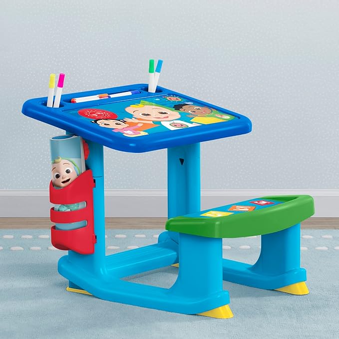 CoComelon Draw and Play Desk by Delta Children – Includes 10 Markers and Coloring Book, Blue